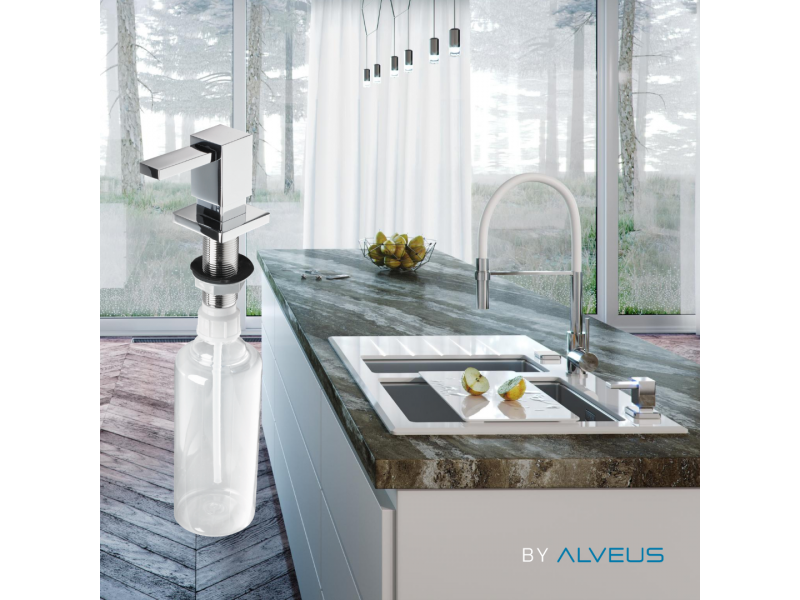 Detergent dispenser (Inox) on white tempered glass kitchen sink Crystalix 