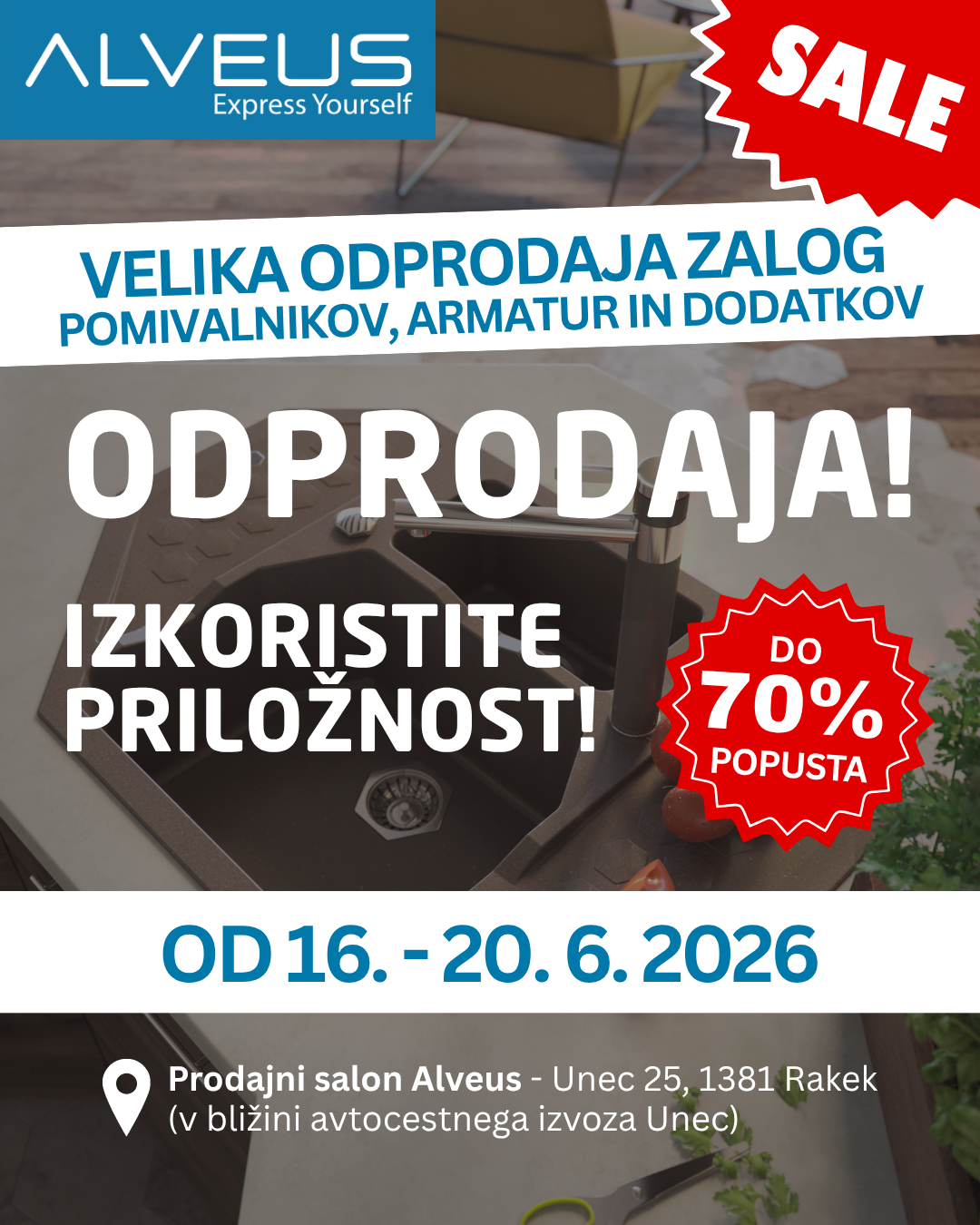 Velika odprodaja zalog Alveus pomivalnikov, armatur in dodatkov za kuhinjo