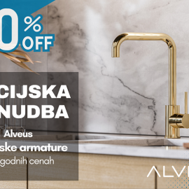 Slika prikazuje promocijo Alveus kuhinjskih armatur s 40 % popustom, zlato kuhinjsko pipo na ozadju marmornate stene in napisa 'AKCIJSKA PONUDBA' ter 'kuhinjske armature po ugodnih cenah