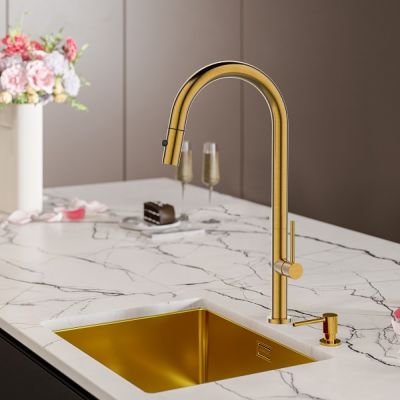 Grifo de cocina extraíble dorado con ducha