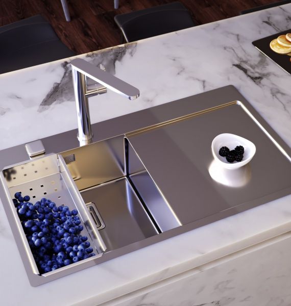 Fregadero de cocina moderno y minimalista de acero inoxidable con escurridor
