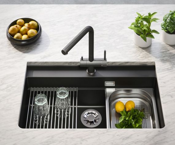 Fregadero de cocina Alveus Atrox de material compuesto Algranit, negro, de un seno