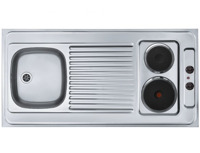 Kompaktna inox kuhinjska enota z majhnim pomivalnim koritom, rebrasto odcejalno površino in dvema električnima kuhalnima ploščama, prikazana od zgoraj.